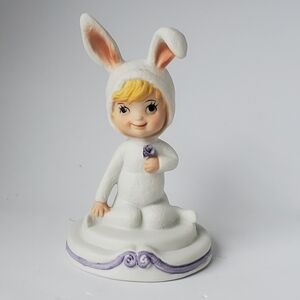 Vintage Pixie Easter Bunny Figurine With Purple Flower